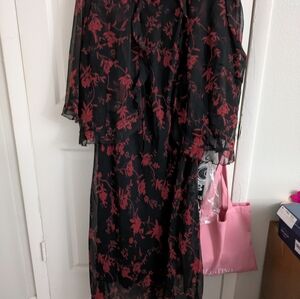 dressbarn Elegant Black and Red Floral Long Sleeve Dress